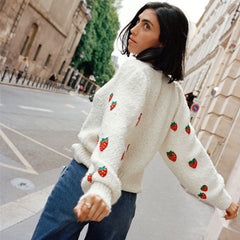 Cute Strawberry Embroidered Puff Sleeve Crew Neck White Pullover Sweater