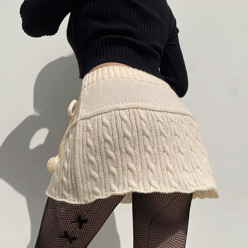 Cute Tie Side Pom Pom Mid Waist Cable Knit Mini Skirt