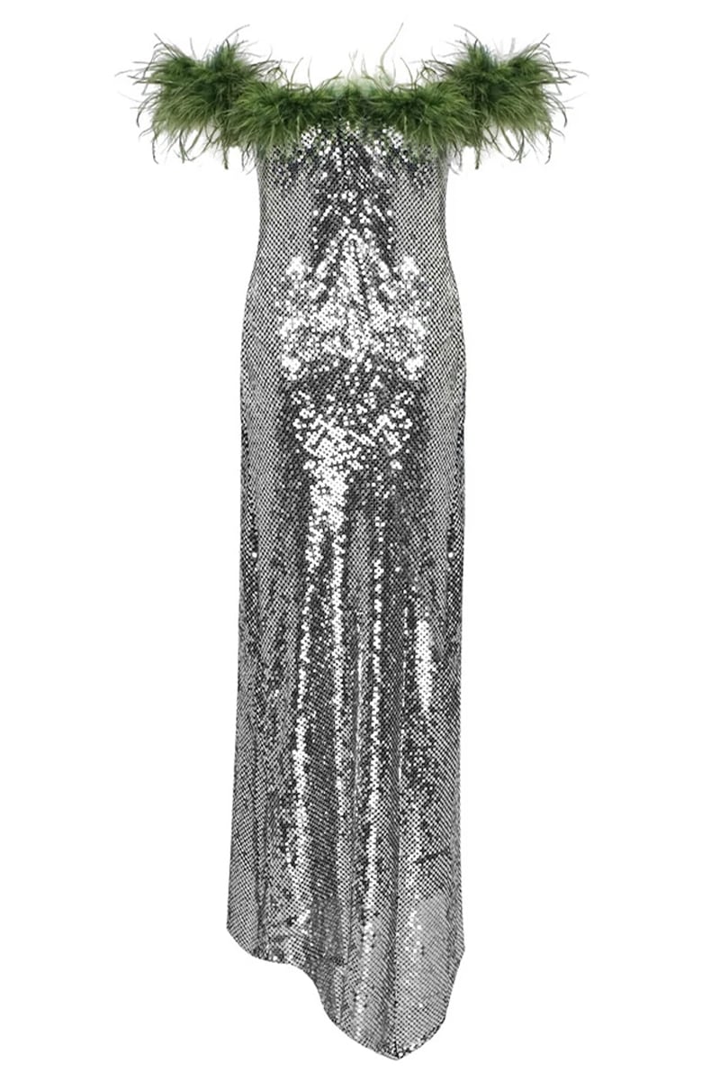 Dolly Feather Trimmed Sequin Maxi Dress