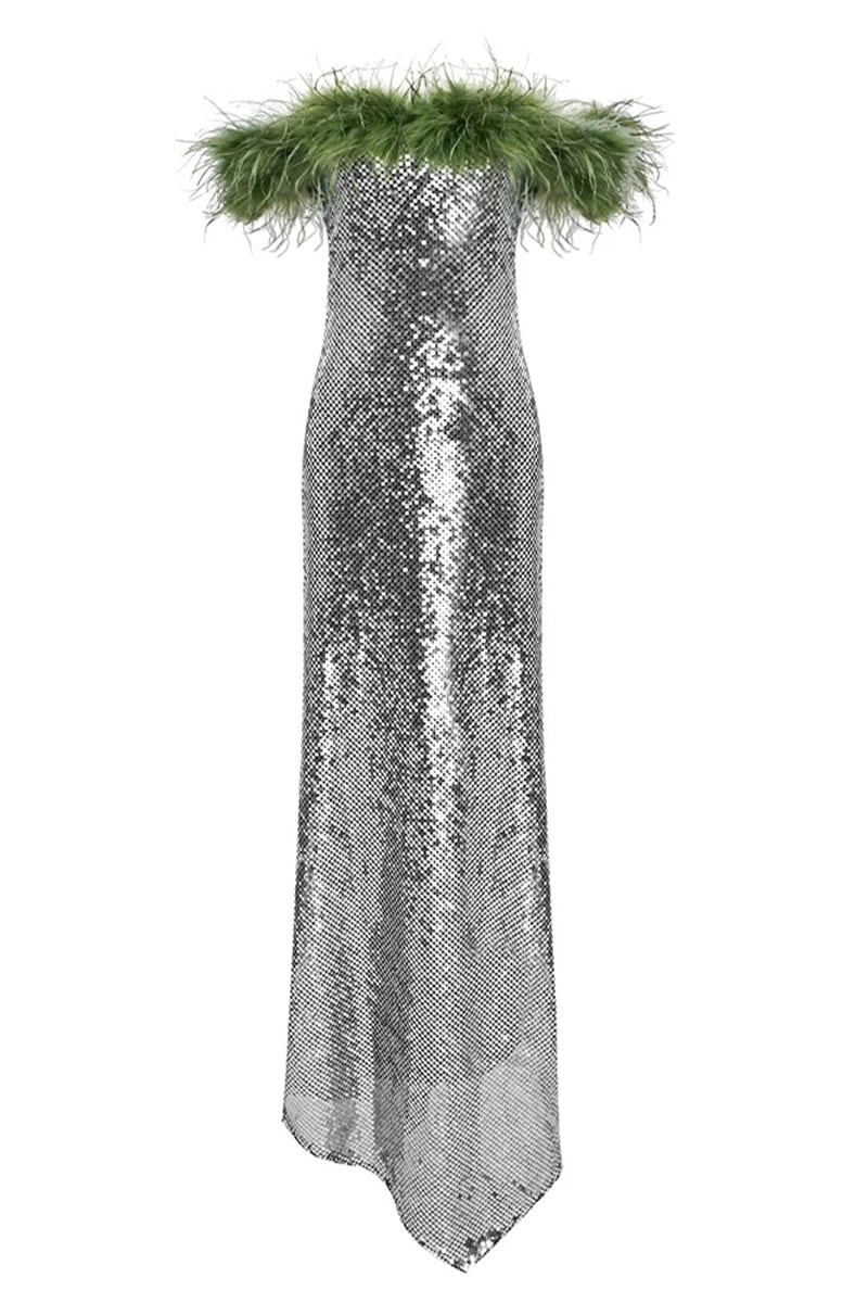 Dolly Feather Trimmed Sequin Maxi Dress