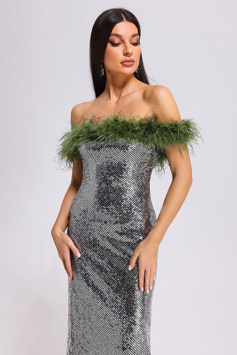 Dolly Feather Trimmed Sequin Maxi Dress