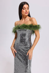 Dolly Feather Trimmed Sequin Maxi Dress