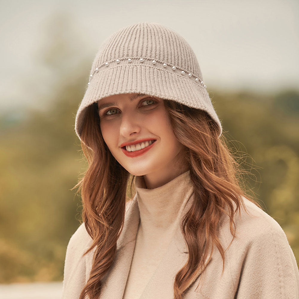 Elegant Bead Detail Textured Ribbed Knit Winter Floppy Bucket Hat