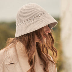 Elegant Bead Detail Textured Ribbed Knit Winter Floppy Bucket Hat