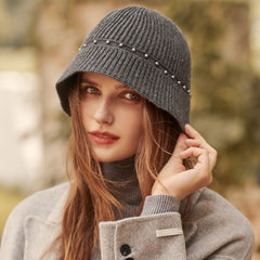 Elegant Bead Detail Textured Ribbed Knit Winter Floppy Bucket Hat