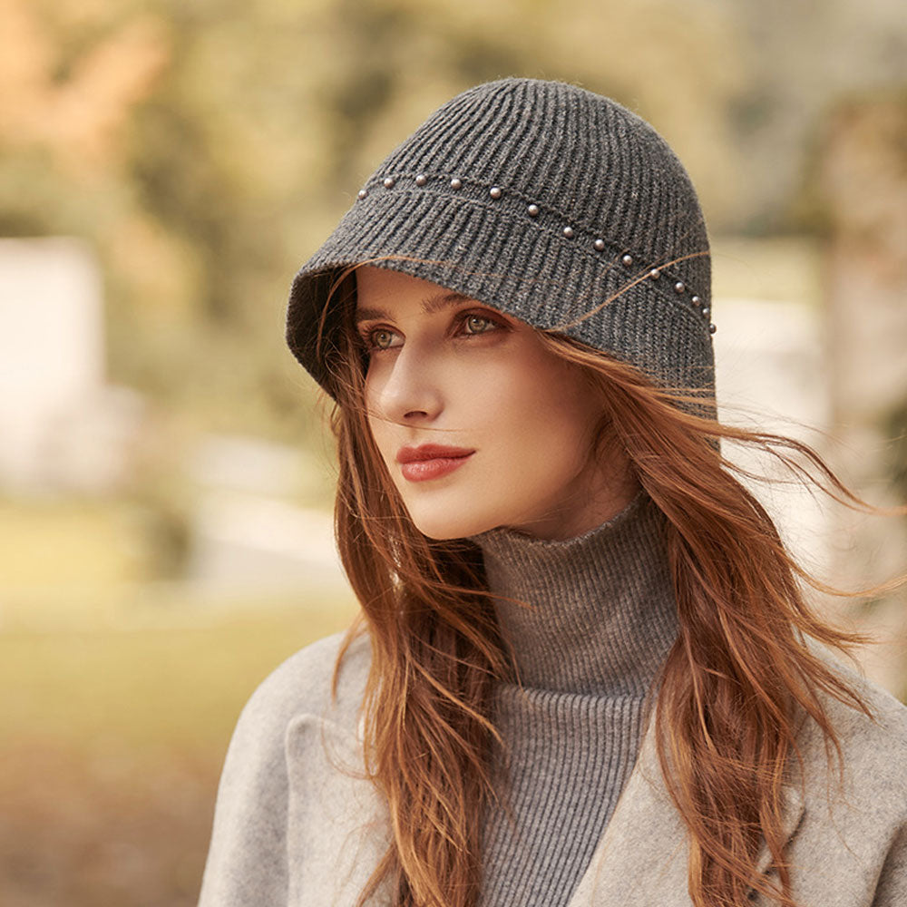 Elegant Bead Detail Textured Ribbed Knit Winter Floppy Bucket Hat