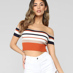 Elegant Off The Shoulder Multicolor Striped Print Cropped Rib Knit Top