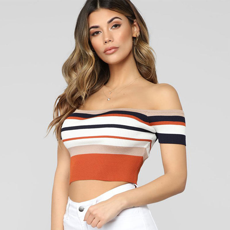 Elegant Off The Shoulder Multicolor Striped Print Cropped Rib Knit Top