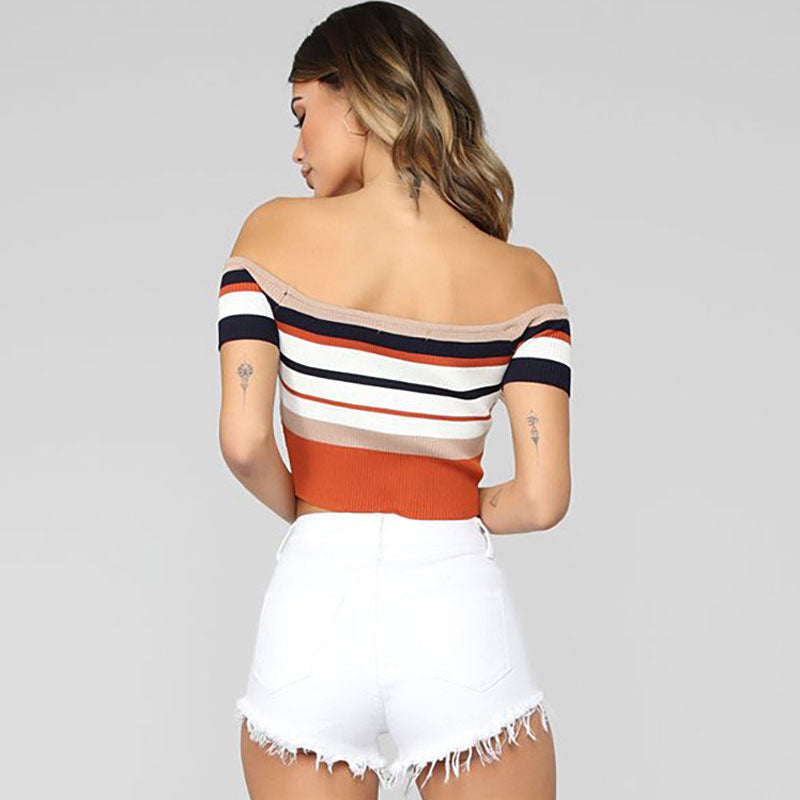 Elegant Off The Shoulder Multicolor Striped Print Cropped Rib Knit Top