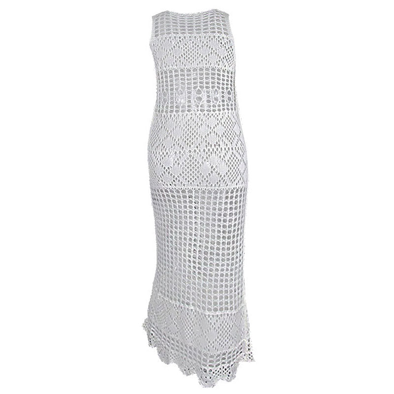 Elegant White Sleeveless Pointelle Crochet Open Knit Cover Up Dress