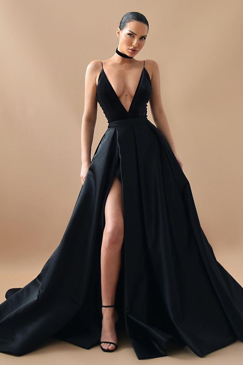 Evening Glamour Black Satin Backless Gown