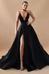 Evening Glamour Black Satin Backless Gown