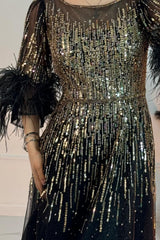 Evening Poem Sequin Feather Maxi Dress