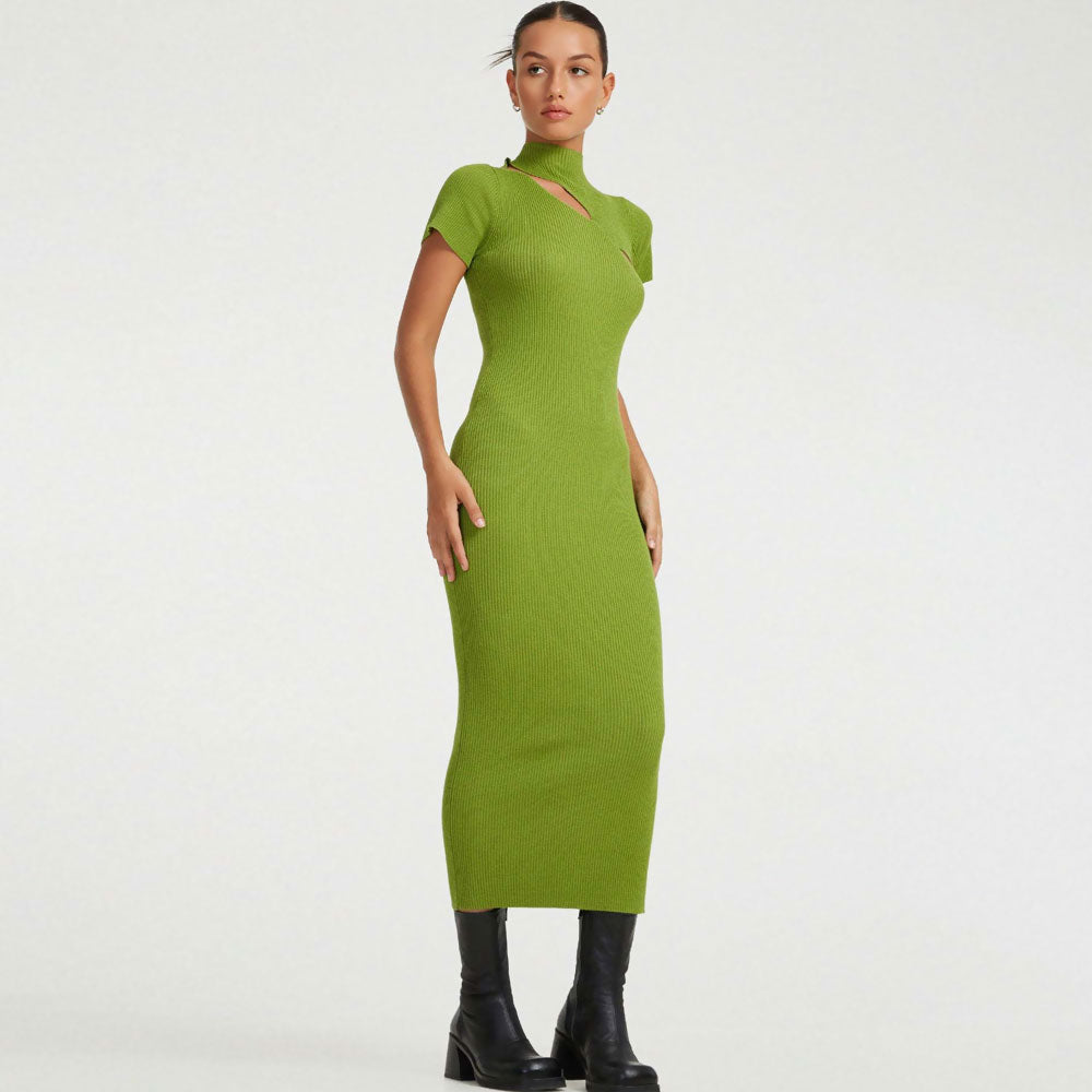 Feminine Lime Green Cut Out Front High Neck Short Sleeve Rib Knit Midi Dress