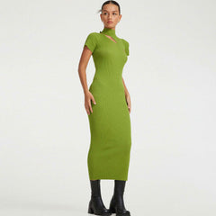 Feminine Lime Green Cut Out Front High Neck Short Sleeve Rib Knit Midi Dress