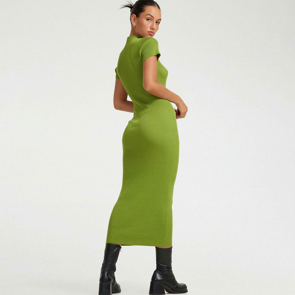 Feminine Lime Green Cut Out Front High Neck Short Sleeve Rib Knit Midi Dress