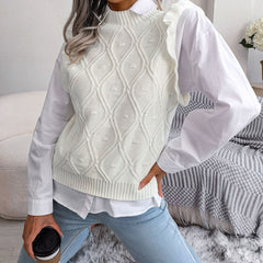 Feminine Lettuce Trim Crew Neck Distressed Cable Knit Sweater Vest