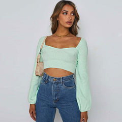 Feminine Sweetheart Balloon Sleeve Open Back Rib Knit Cropped Top