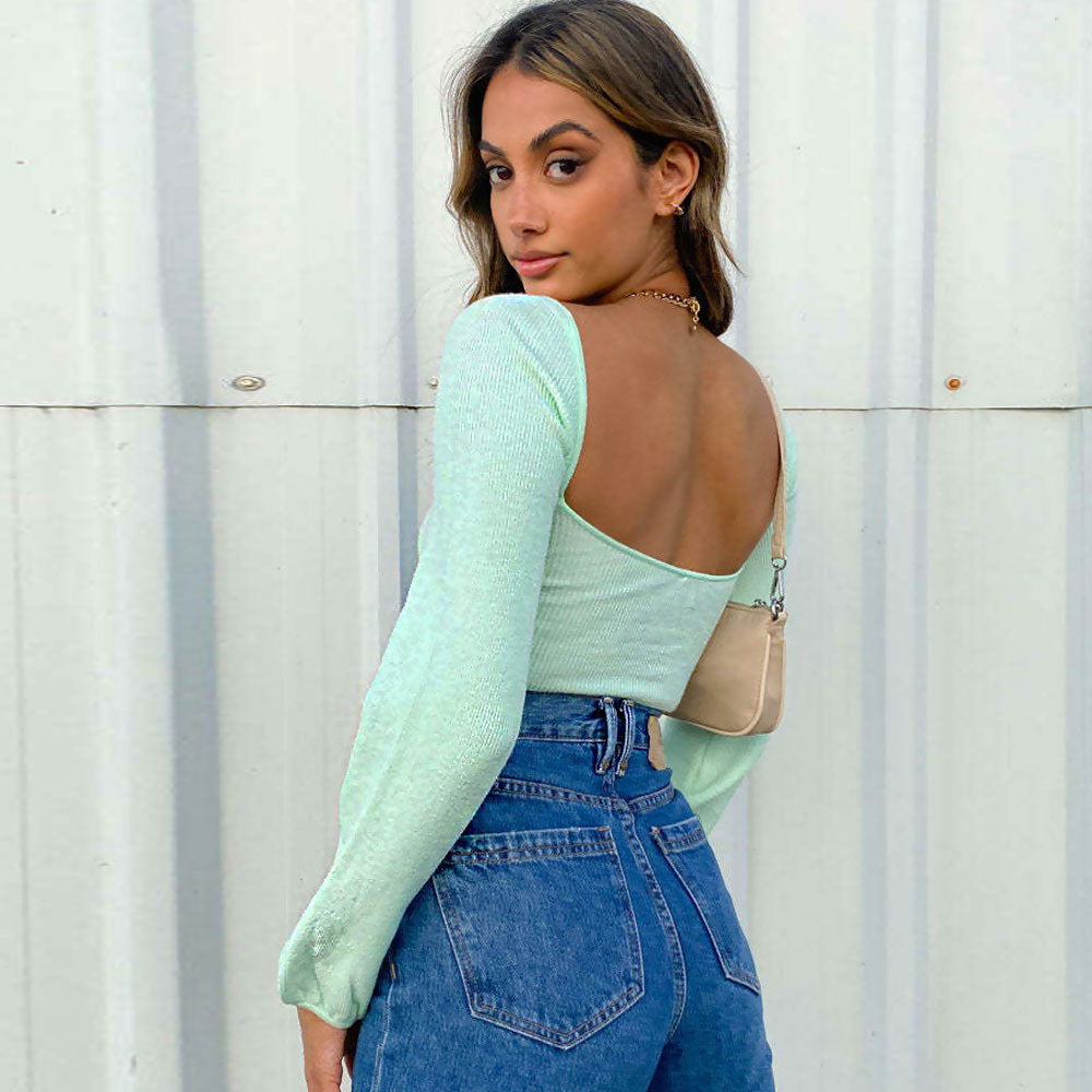 Feminine Sweetheart Balloon Sleeve Open Back Rib Knit Cropped Top