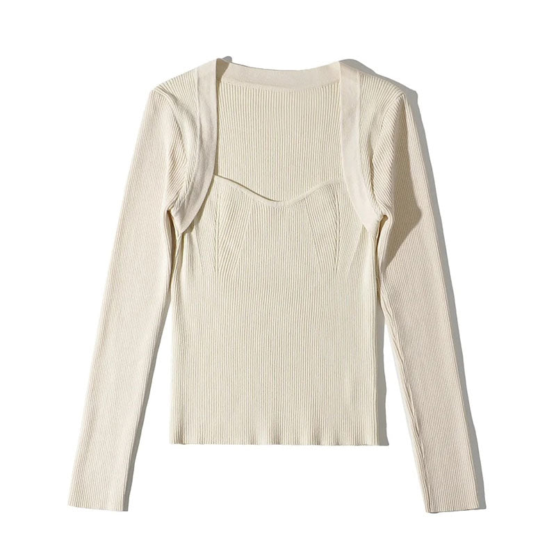 Feminine Beige Sweetheart Neck Long Sleeve Fitted Rib Knit Top