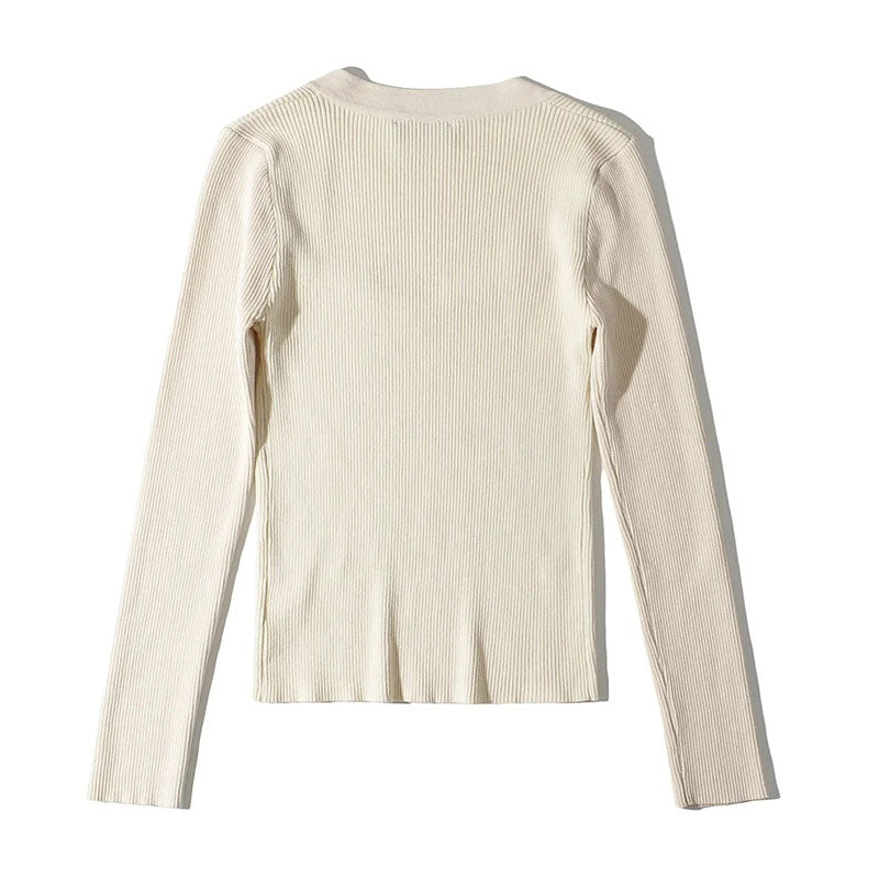 Feminine Beige Sweetheart Neck Long Sleeve Fitted Rib Knit Top