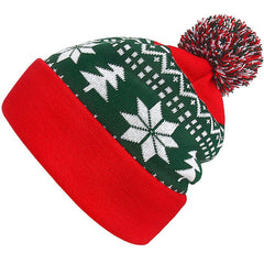 Festival Christmas Color Panel Fold Over Snowflake Pom Pom Knit Beanie