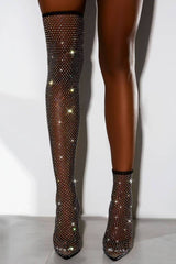 Black Diamante Fishnet Over The Knee Thigh High Long Sock Boots