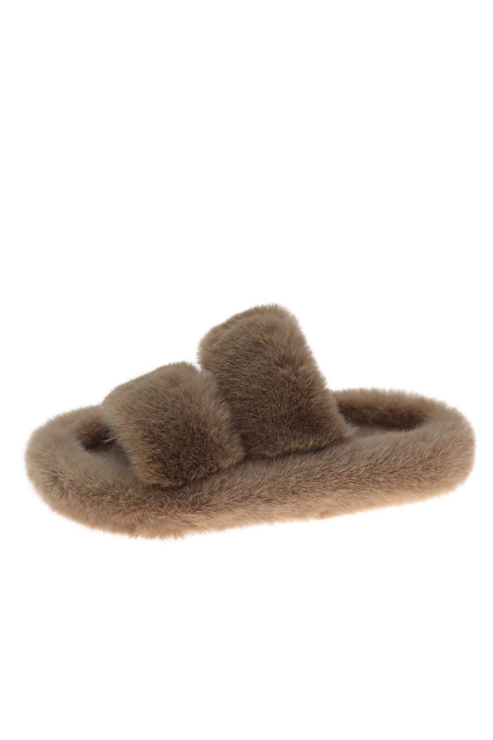 Brown Fluffy Faux Fur Double Strap Slippers