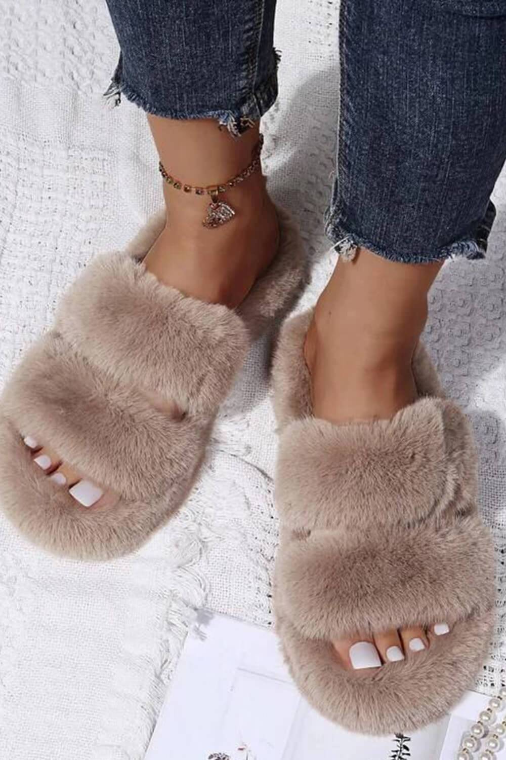 Brown Fluffy Faux Fur Double Strap Slippers