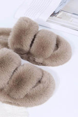 Brown Fluffy Faux Fur Double Strap Slippers