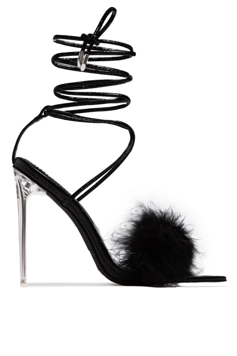 Black Faux Fur Lace Up Clear Perspex Stiletto Heels