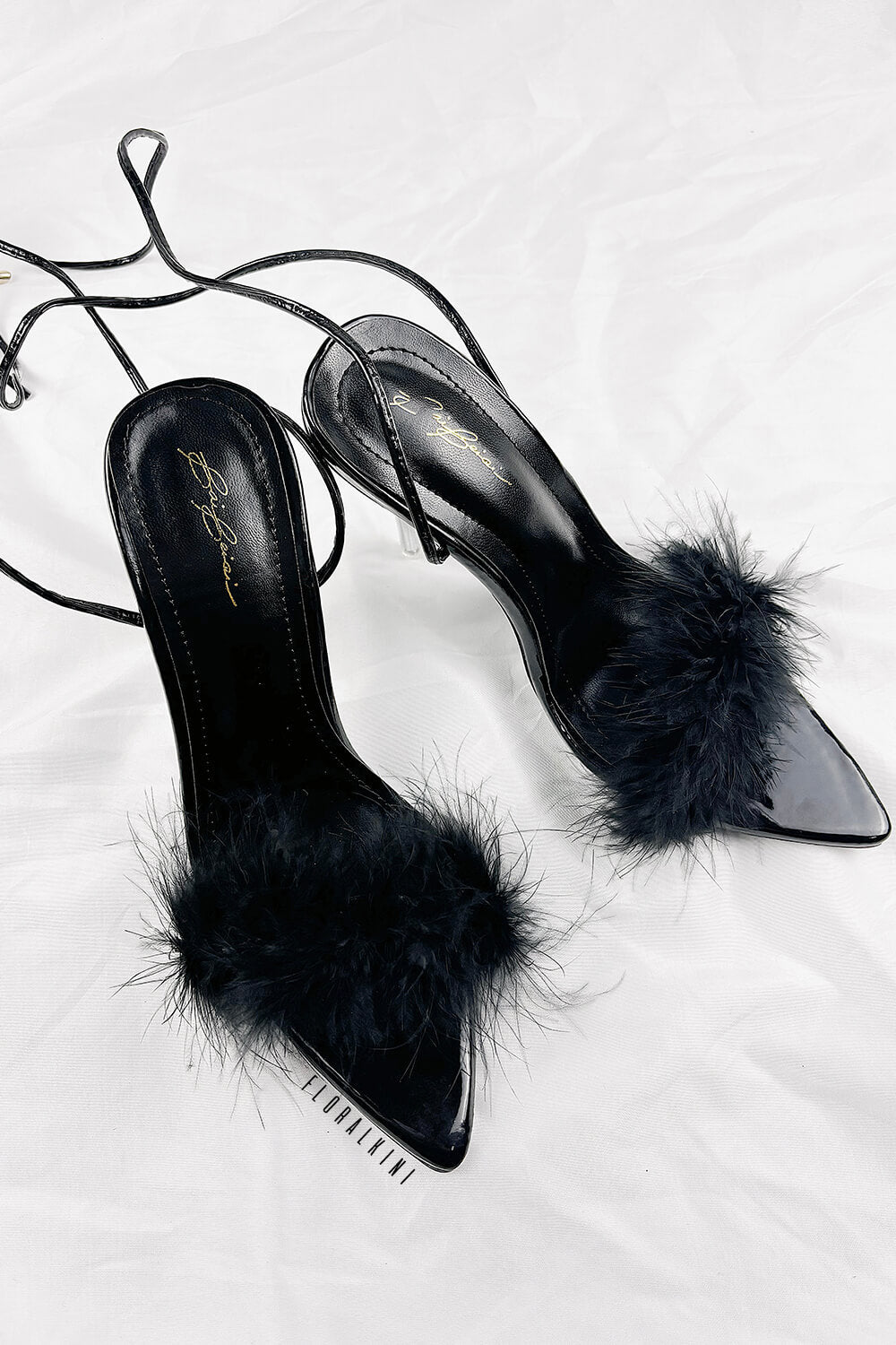 Black Faux Fur Lace Up Clear Perspex Stiletto Heels