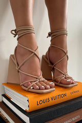 Nude Faux Leather Knotted Detail Lace Up Square Toe Sculptured Flared Block Heels
