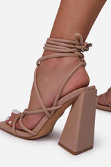 Nude Faux Leather Knotted Detail Lace Up Square Toe Sculptured Flared Block Heels