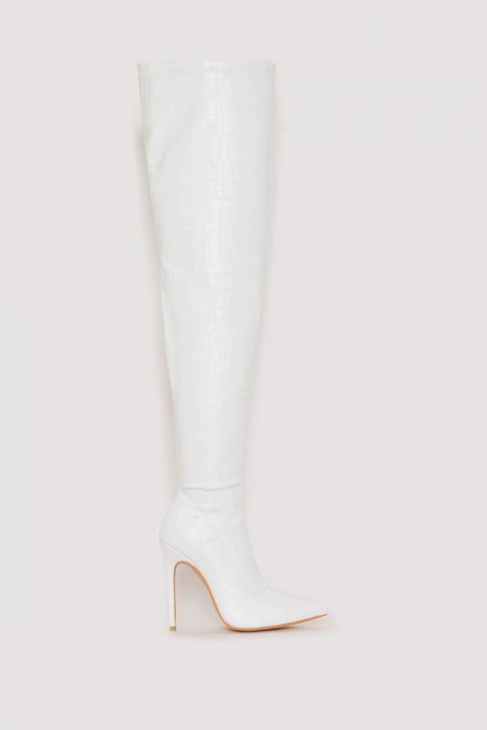 White Croc Print Thigh High Stiletto Boots