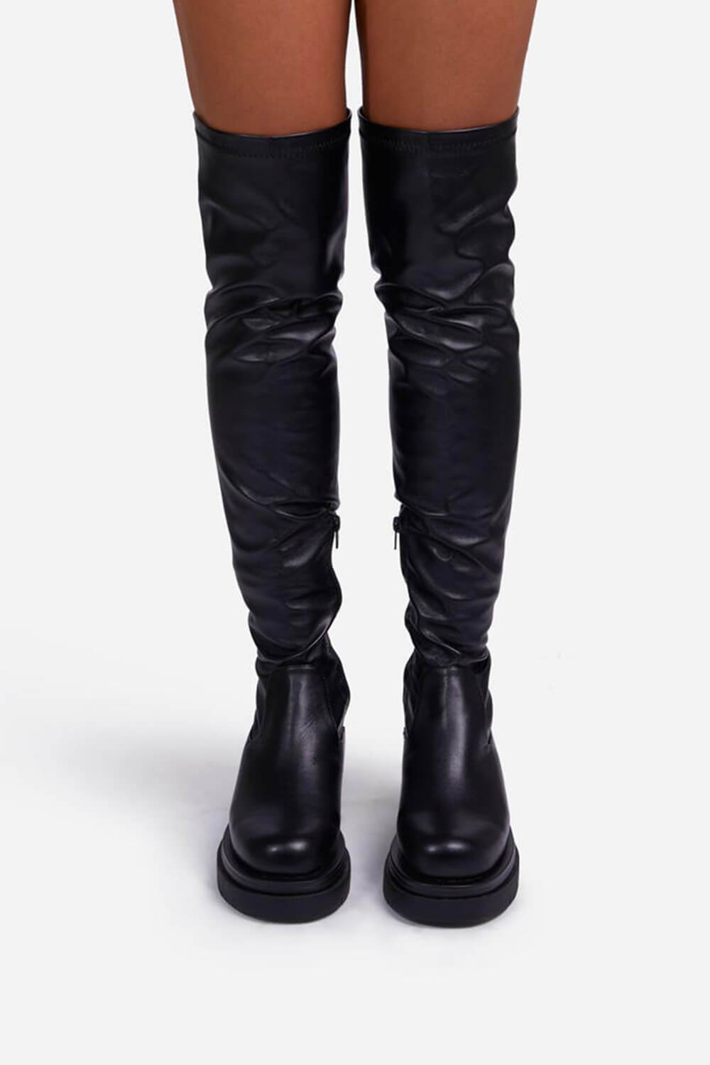 Black Faux Leather Over The Knee Thigh High Long Biker Boot