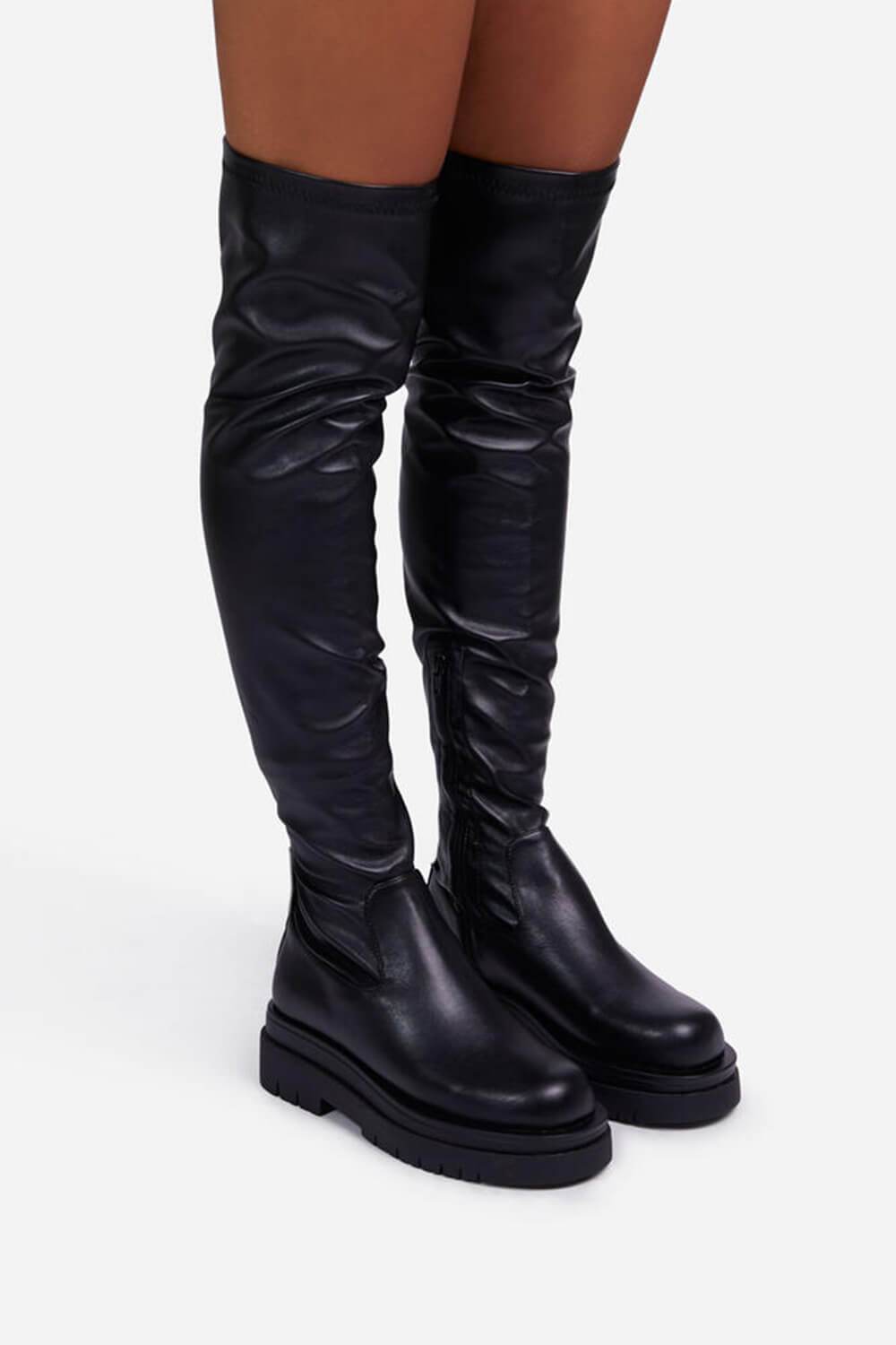 Black Faux Leather Over The Knee Thigh High Long Biker Boot