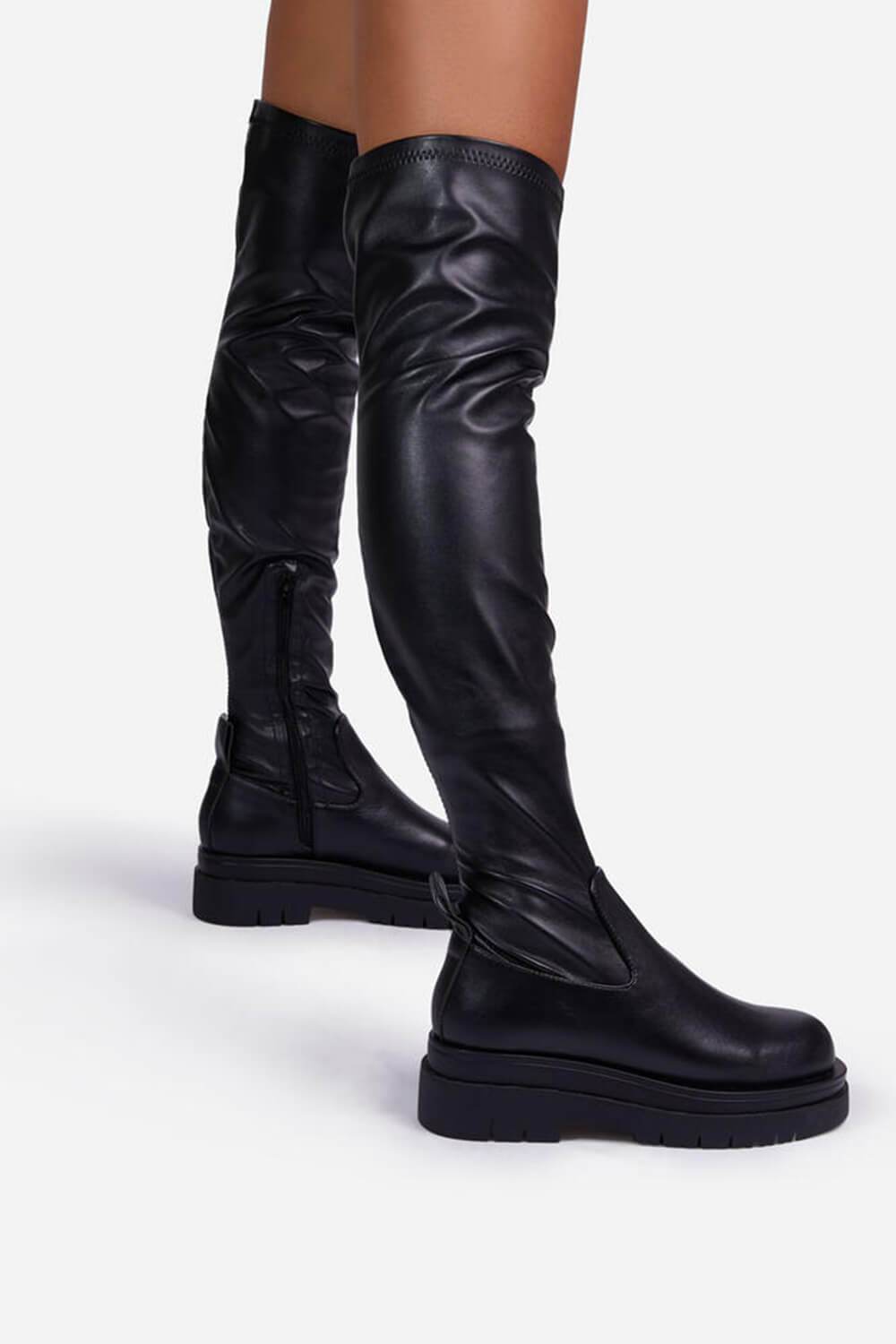 Black Faux Leather Over The Knee Thigh High Long Biker Boot