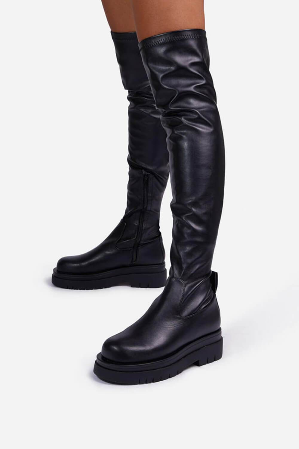 Black Faux Leather Over The Knee Thigh High Long Biker Boot