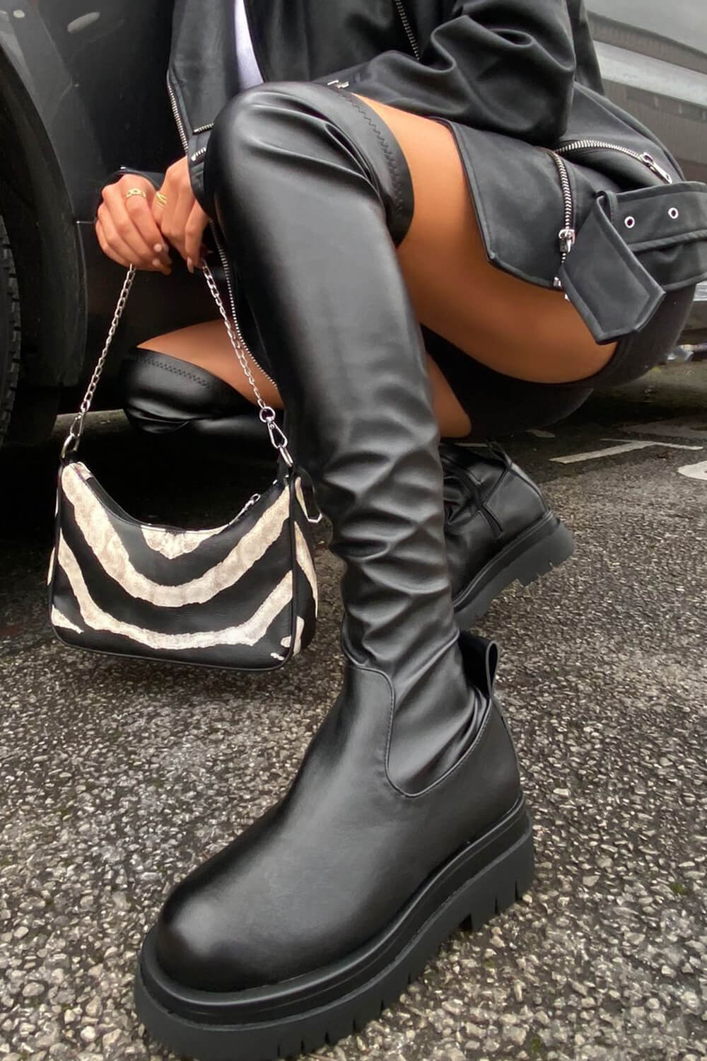 Black Faux Leather Over The Knee Thigh High Long Biker Boot