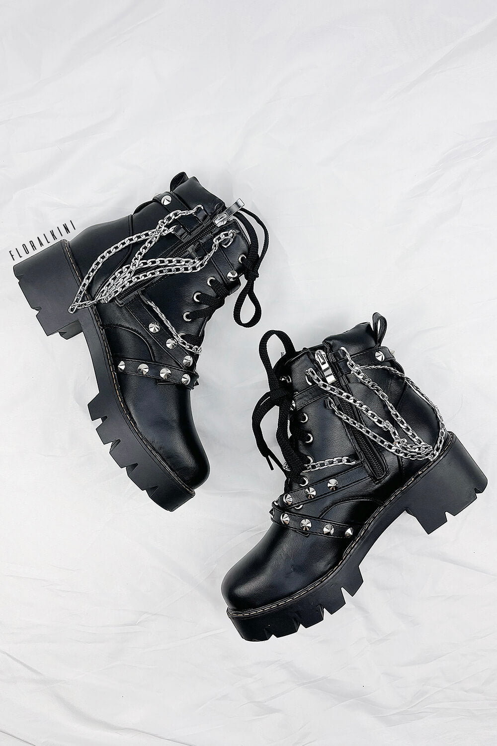 Black Studded Buckle Strap Chain Trim Lace Up Combat Boots