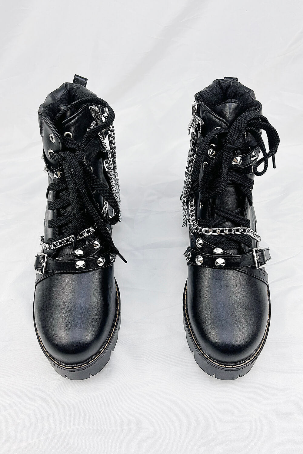 Black Studded Buckle Strap Chain Trim Lace Up Combat Boots