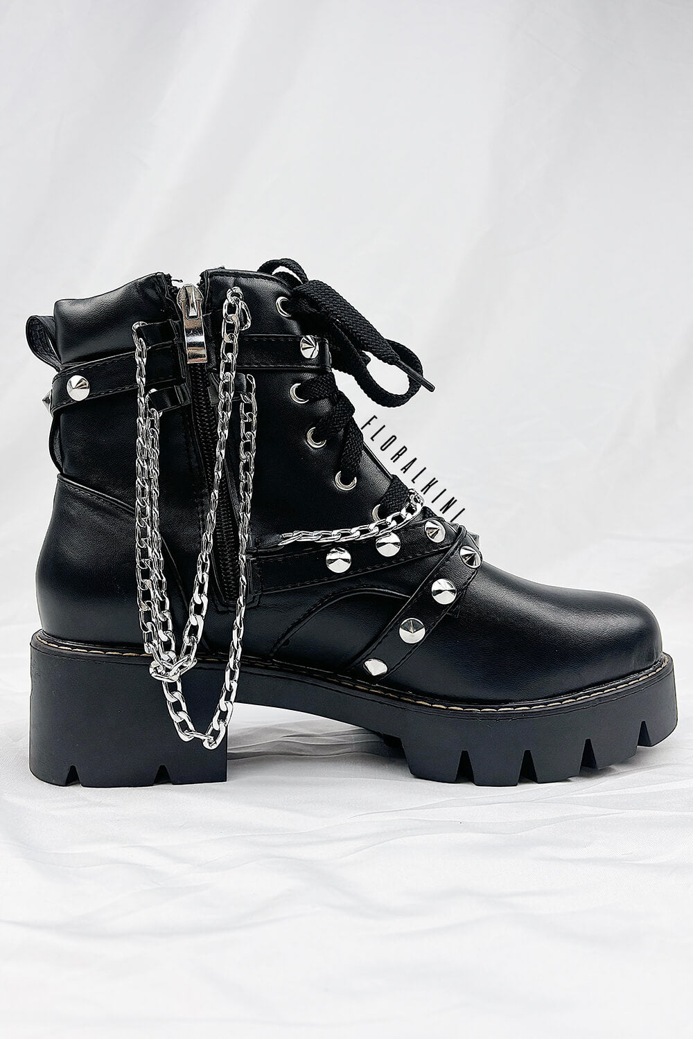 Black Studded Buckle Strap Chain Trim Lace Up Combat Boots