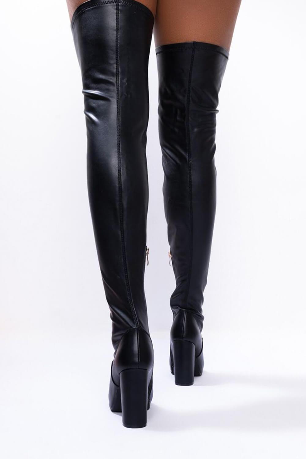 Black Faux Leather Block Heel Over The Knee Thigh High Boots