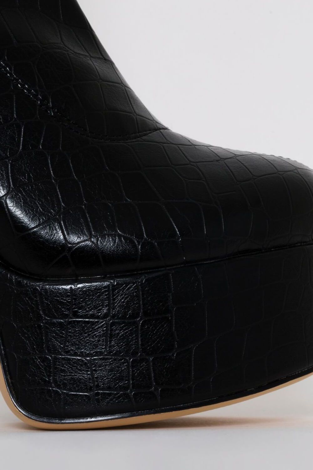 Black Faux Croc Print Platform Block Heel Thigh High Boots