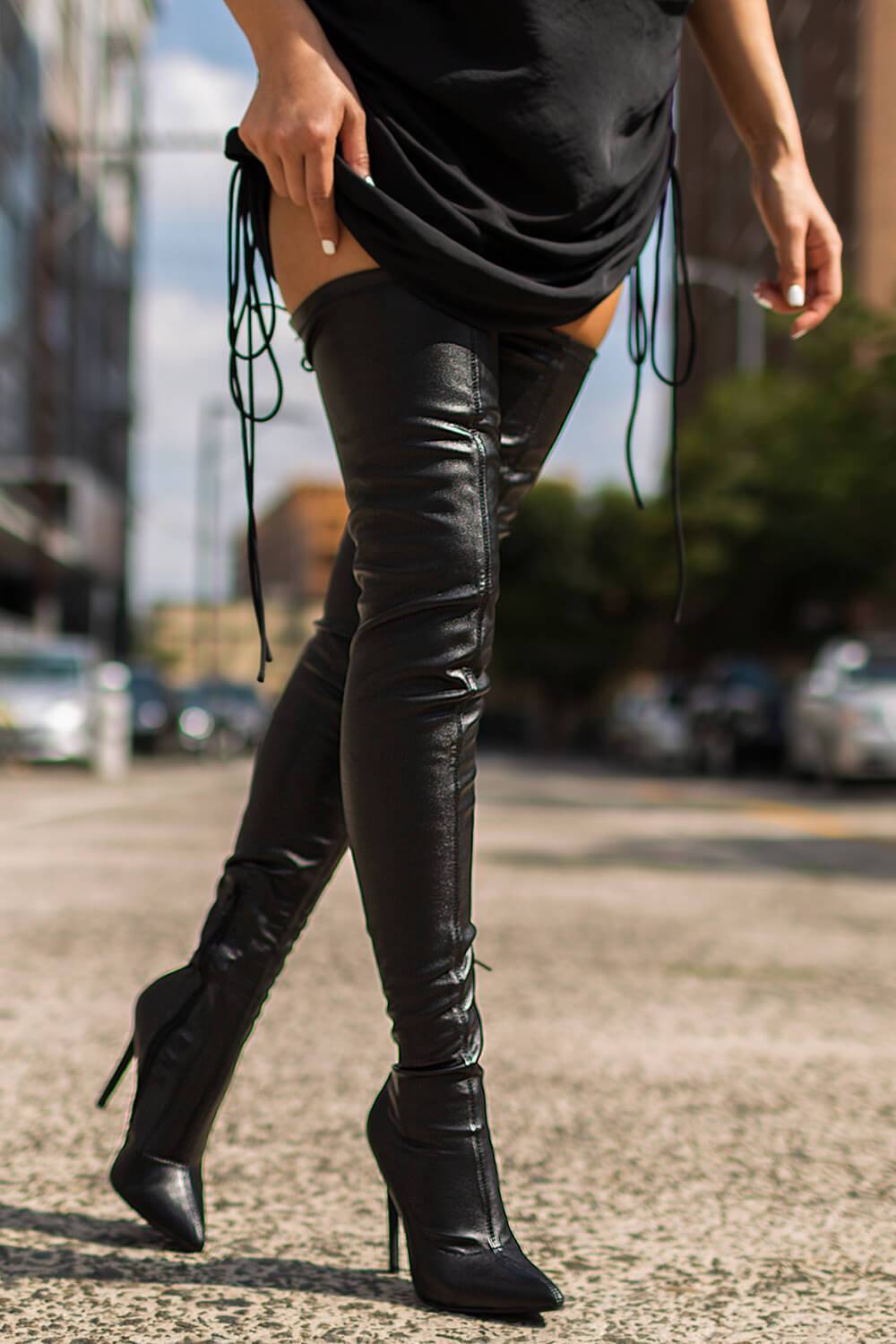 Black Pu Back Tie Thigh High Stiletto Boots