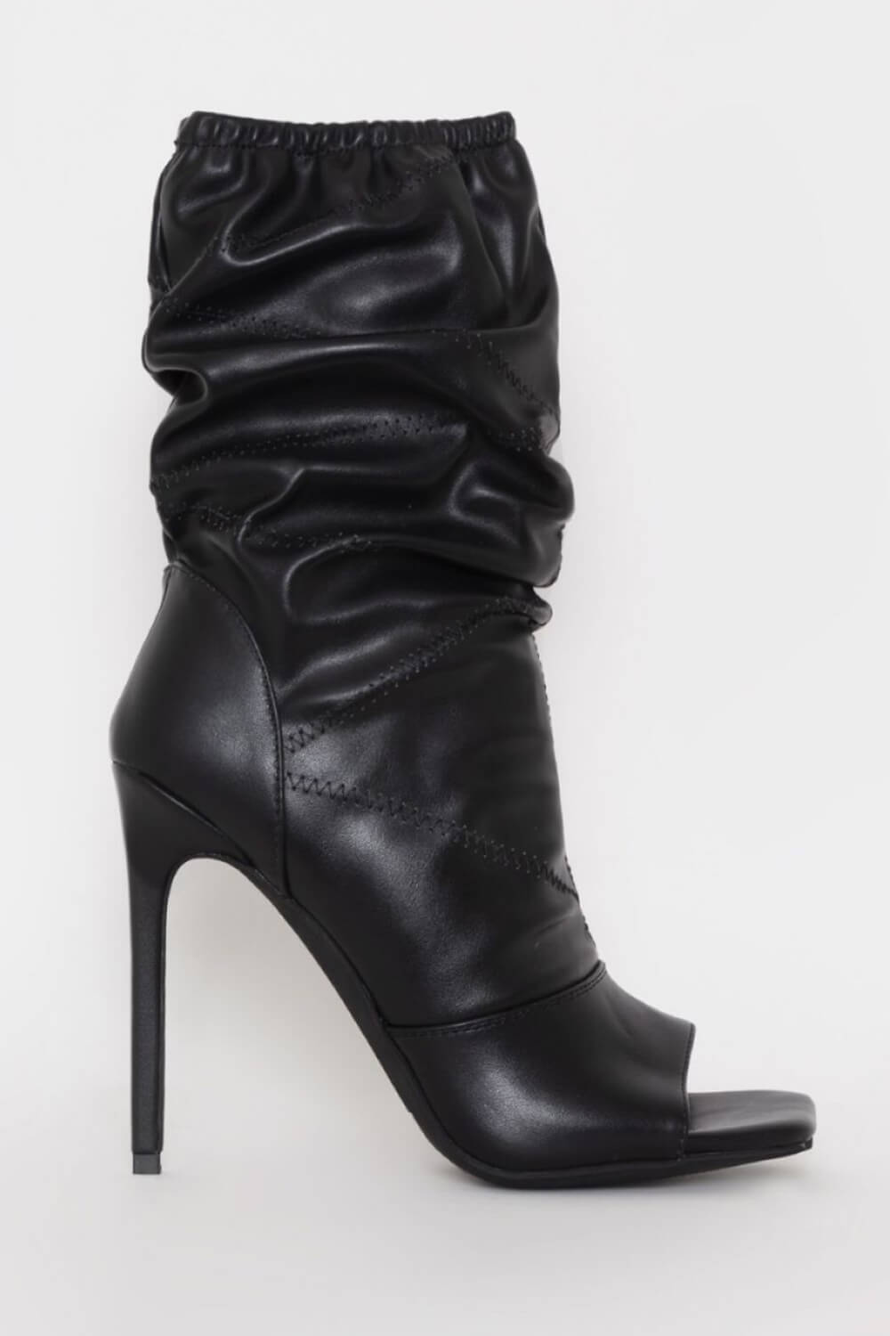 Black Ruched Peep Toe Stiletto Ankle Boots