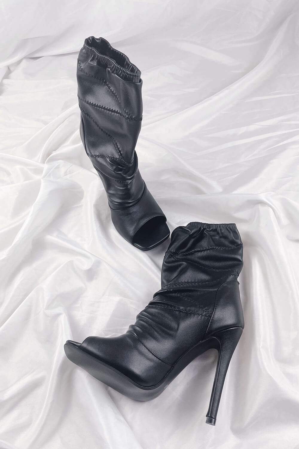 Black Ruched Peep Toe Stiletto Ankle Boots