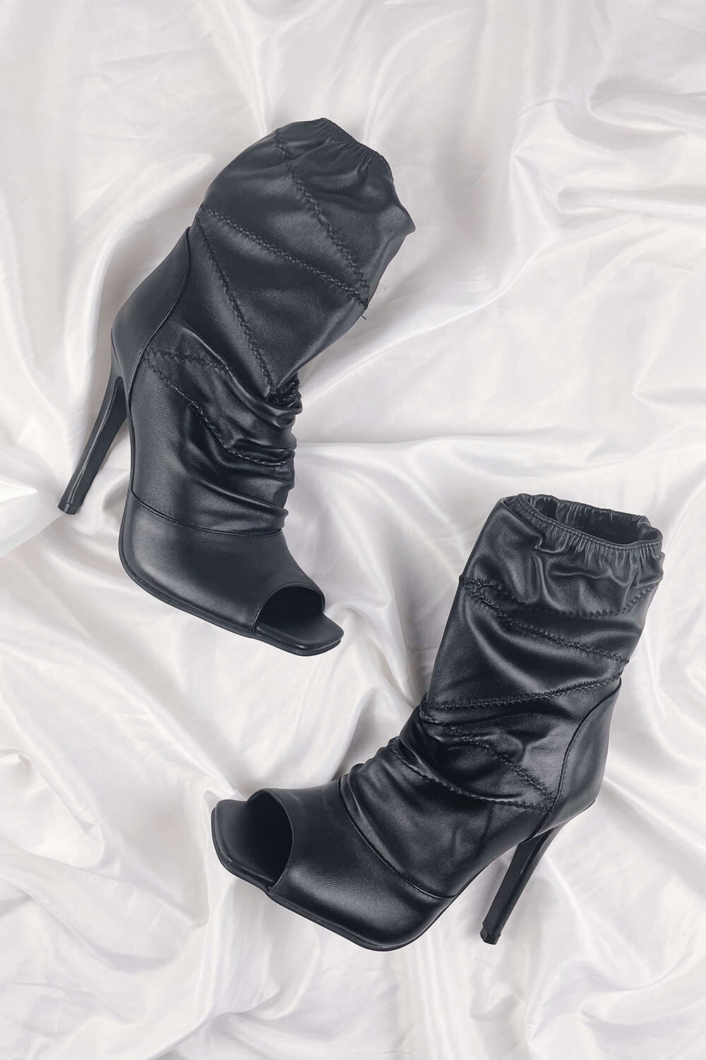 Black Ruched Peep Toe Stiletto Ankle Boots