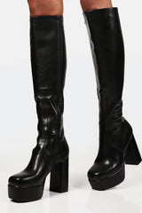 Black Chunky Platform Block Heel Knee High Boots